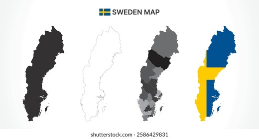 A diverse set of Sweden maps, including a black silhouette, detailed outline, political division map with counties, and a flag-themed version, ideal for educational and design purposes