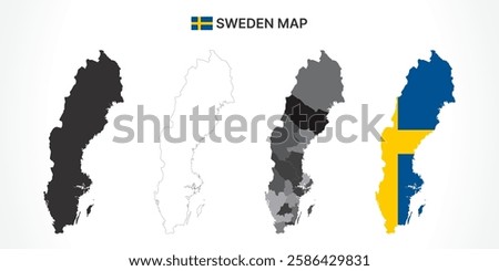 A diverse set of Sweden maps, including a black silhouette, detailed outline, political division map with counties, and a flag-themed version, ideal for educational and design purposes