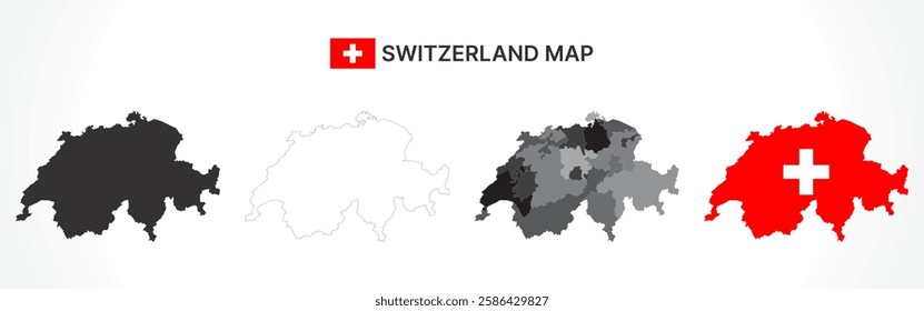 A diverse set of Switzerland maps, including a black silhouette, detailed outline, political division map with cantons, and a flag-themed version, ideal for educational and design purposes