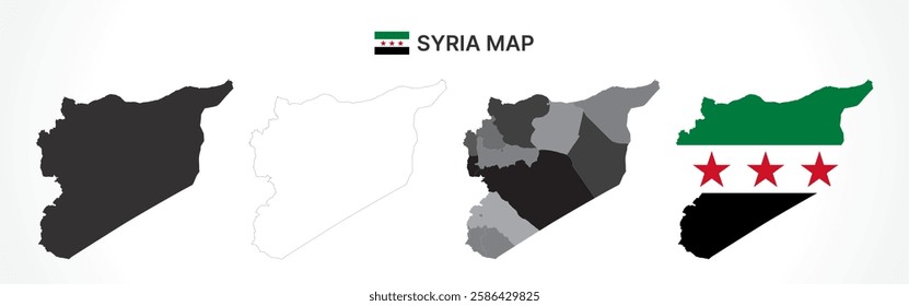 A diverse set of Syria maps, including a black silhouette, detailed outline, political division map with governorates, and a flag-themed version, ideal for educational and design purposes