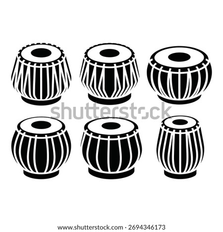 A diverse set of tabla drum icons, representing the rich tradition of Indian percussion instruments. These vector illustrations highlight the cultural significance.