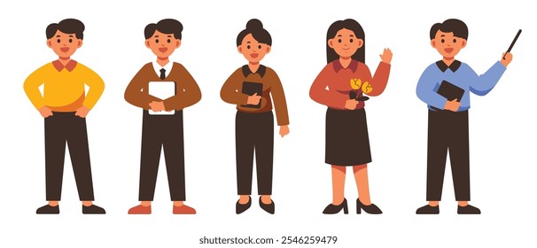 A diverse set of teacher characters in various teaching poses, holding books and pointing tools, designed in a vibrant and modern style for educational themes.