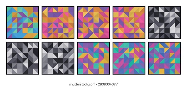 Diverse set of ten abstract seamless patterns, each composed of geometric triangles in a range of bright pink, orange, yellow, and contrasting grayscale tones, for modern visual appeal.