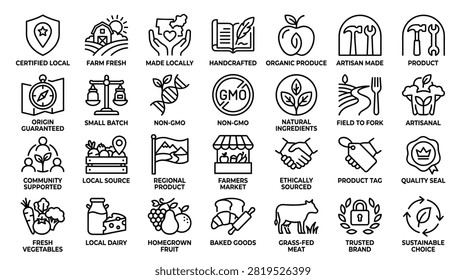 A diverse set of thin line icons representing eco friendly food and artisanal products including local farm produce sustainable sourcing handcrafted items organic ingredients and ethical manufacturing marks for food industry packaging and digital marketing.