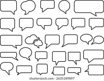 A diverse set of thirty empty speech and thought bubbles in various shapes and sizes, perfect for adding text or dialogue to designs.