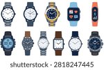 Diverse set of timepieces featuring metal bands leather straps and fitness trackers, modern smartwatches and classic chronometers for daily wear.