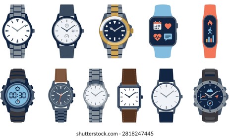 Diverse set of timepieces featuring metal bands leather straps and fitness trackers, modern smartwatches and classic chronometers for daily wear.