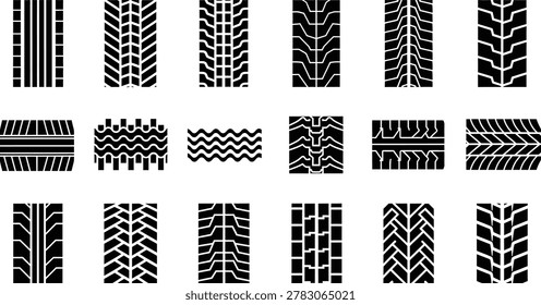 A diverse set of tire tread patterns in black silhouette, ideal for automotive design, vehicle graphics, or transportation illustrations. Isolated on transparent background.