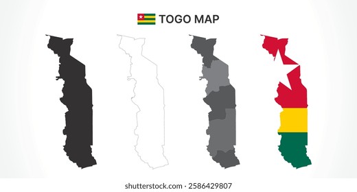 A diverse set of Togo maps, including a black silhouette, detailed outline, political division map with regions, and a flag-themed version, ideal for educational and design purposes