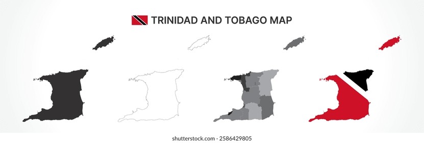 A diverse set of Trinidad and Tobago maps, including a black silhouette, detailed outline, political division map with regions, and a flag-themed version, ideal for educational and design purposes