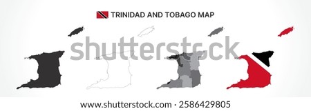 A diverse set of Trinidad and Tobago maps, including a black silhouette, detailed outline, political division map with regions, and a flag-themed version, ideal for educational and design purposes
