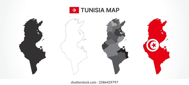 A diverse set of Tunisia maps, including a black silhouette, detailed outline, political division map with governorates, and a flag-themed version, ideal for educational and design purposes