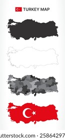 A diverse set of Turkey maps, including a black silhouette, detailed outline, political division map with provinces, and a flag-themed version, ideal for educational and design purposes