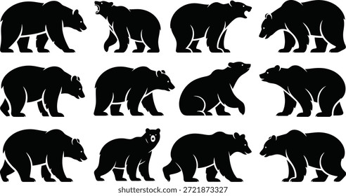 Un conjunto diverso de doce poderosas siluetas de oso negro representadas en varias poses naturales, que incluyen caminar, pararse y rugir.