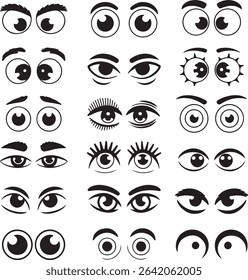 A diverse set of twenty black and white cartoon eye silhouettes featuring varied eyebrow shapes and eye expressions. Simple style with bold outlines.