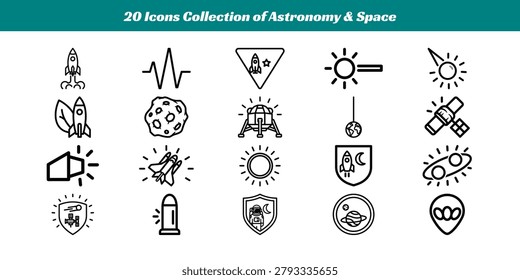 A diverse set of twenty unique icons depicting rockets, planets, stars, telescopes, and space-related symbols for astronomy enthusiasts