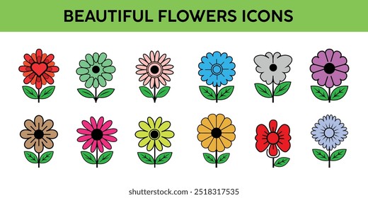 A Diverse Set of Unique Flower Icons for Creative Design Projects, Vibrant flowers icons garden Collection.