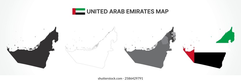 A diverse set of United Arab Emirates maps, including a black silhouette, detailed outline, political division map with emirates, and a flag-themed version, ideal for educational and design purposes