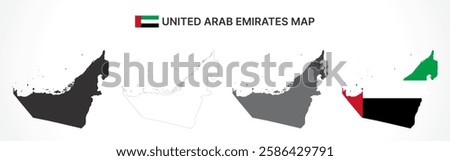A diverse set of United Arab Emirates maps, including a black silhouette, detailed outline, political division map with emirates, and a flag-themed version, ideal for educational and design purposes