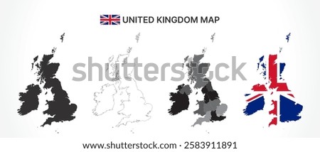 A diverse set of United Kingdom maps, including a black silhouette, detailed outline, political division map with countries, and a flag-themed version, ideal for educational and design purposes