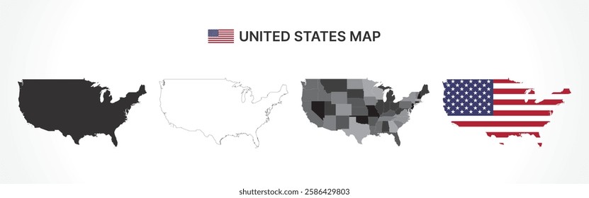 A diverse set of United States maps, including a black silhouette, detailed outline, political division map with states, and a flag-themed version, ideal for educational and design purposes