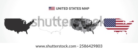 A diverse set of United States maps, including a black silhouette, detailed outline, political division map with states, and a flag-themed version, ideal for educational and design purposes