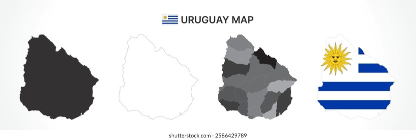 A diverse set of Uruguay maps, including a black silhouette, detailed outline, political division map with departments, and a flag-themed version, ideal for educational and design purposes