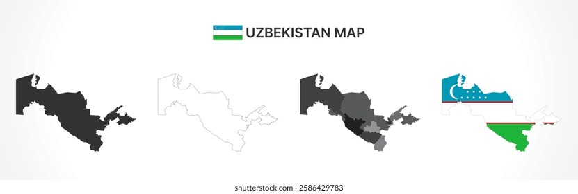 A diverse set of Uzbekistan maps, including a black silhouette, detailed outline, political division map with regions, and a flag-themed version, ideal for educational and design purposes