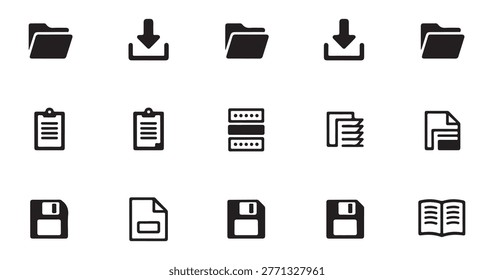 Diverse set of vector icons including folder, download, document, server, and book symbols for various uses.