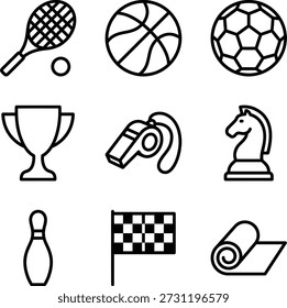 Um conjunto diversificado de ícones vetoriais que representam vários esportes e atividades, desde jogos de equipe até buscas e conquistas individuais.