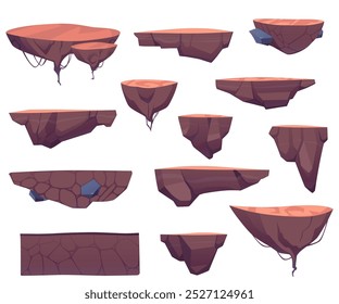 Um conjunto diversificado de ilustrações vetoriais que retratam plataformas de terra flutuante de vários formatos, ideais para criar ambientes de vários níveis em videogames ou cenas de fantasia