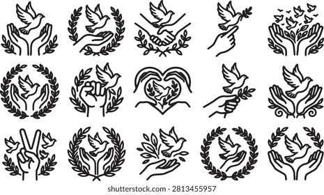 Diverse set of vector symbols combining olive branches bird flight and hand gestures to illustrate global peace initiatives military truce triumph of spirit and humanitarian aid missions.