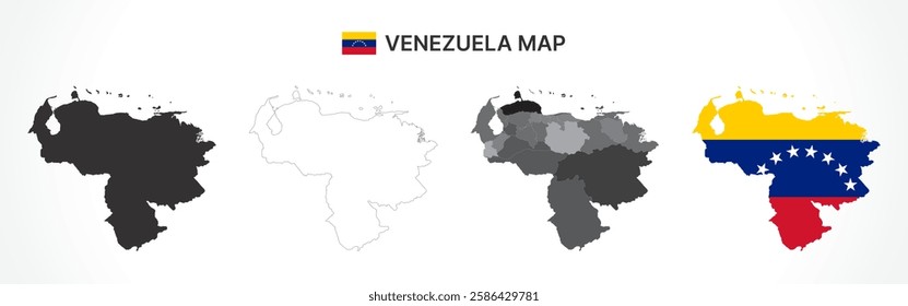 A diverse set of Venezuela maps, including a black silhouette, detailed outline, political division map with states, and a flag-themed version, ideal for educational and design purposes