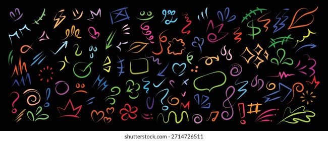 Diverso conjunto de vibrantes iconos de doodle dibujados a mano de color neón y Formas abstractas que incluyen flechas, corazones y notas musicales que pueblan un fondo negro oscuro que ofrece acentos visuales dinámicos para creati