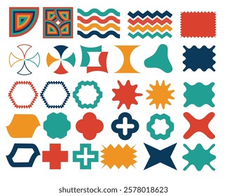 A diverse set of vividly colored geometric and abstract patterns, designs, and shapes, showcasing creativity. Perfect for projects needing unique artistic elements and bold visual appeal.