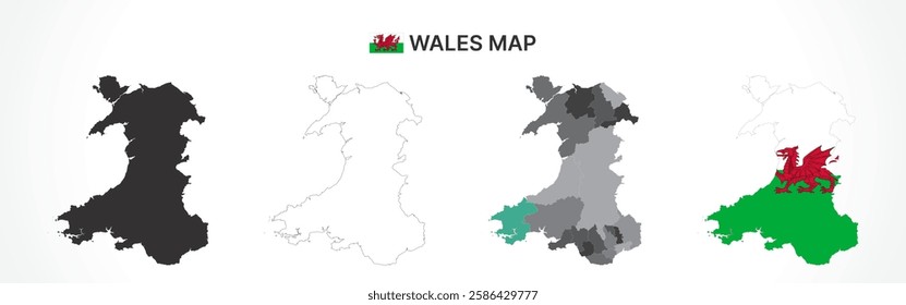 A diverse set of Wales maps, including a black silhouette, detailed outline, political division map with counties, and a flag-themed version, ideal for educational and design purposes