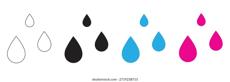 Um conjunto diversificado de ícones de vetor de gota d'água em vários estilos, incluindo contornos elegantes, preto sólido, azul brilhante e rosa vivo, adequado para design gráfico e de interface do usuário moderno.