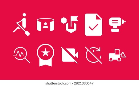 Diverse set of white flat icons on red backdrop featuring sports leisure activities professional tasks and technical objects. Elements include kayaking person panoramic photo location pin checklist approval paperwork power drill star award disabled video camera rotation undo earth mover vehicle.