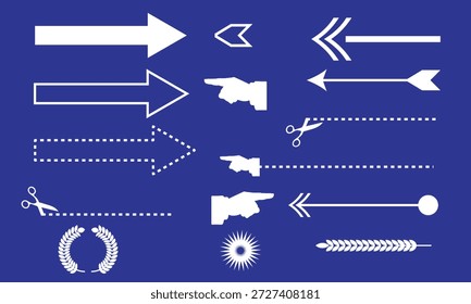 Un conjunto diverso de iconos vectoriales blancos que incluyen flechas, dedos de puntero, tijeras que cortan líneas de puntos, una corona de laurel y otros símbolos sobre un fondo azul sólido.