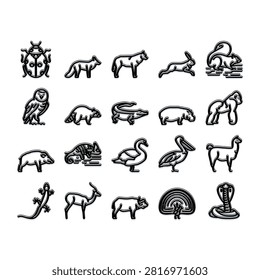 Diverse set of wildlife creatures presented as black outline icons with volumetric shadows, illustrating various mammals, birds, reptiles, and insects for graphic design