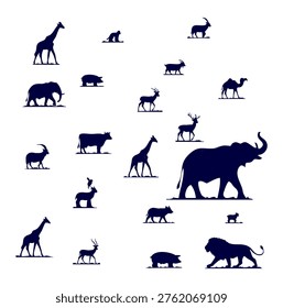 Diverse set of wildlife silhouettes featuring african savanna animals, zoo icons set, nature conservation graphics