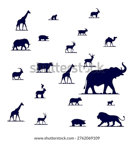 Diverse set of wildlife silhouettes featuring african savanna animals, zoo icons set, nature conservation graphics