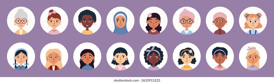 Diverse set of woman avatars with different hairstyles and accessories in a flat style