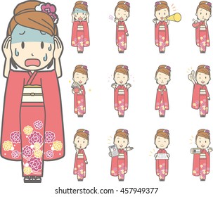 Diverse set of Woman wearing a Japanese kimono on white background , vector format vol.5