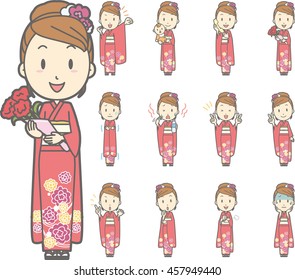 Diverse set of Woman wearing a Japanese kimono on white background , vector format vol.3