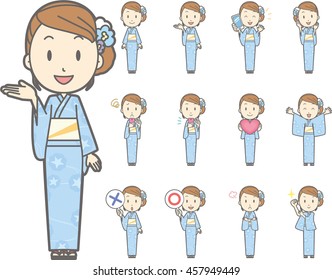 Diverse set of Woman wearing a Japanese yukata on white background , vector format vol.1