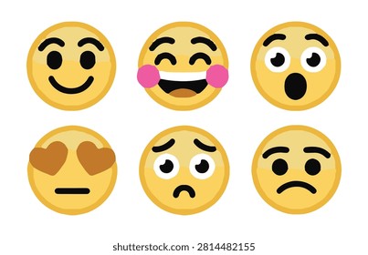 Diverse set of yellow circle emoticons showing laughter surprise indifference and sadness in modern graphics.