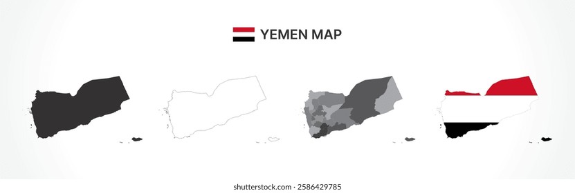 A diverse set of Yemen maps, including a black silhouette, detailed outline, political division map with governorates, and a flag-themed version, ideal for educational and design purposes