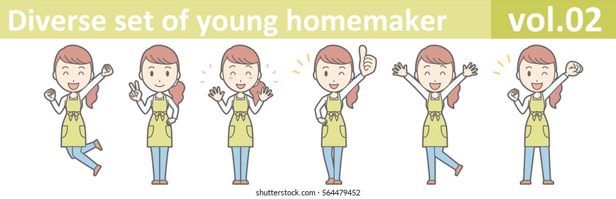 Diverse set of young homemaker, EPS10 vector format vol.02 (A young housewife wearing a green apron and jeans)