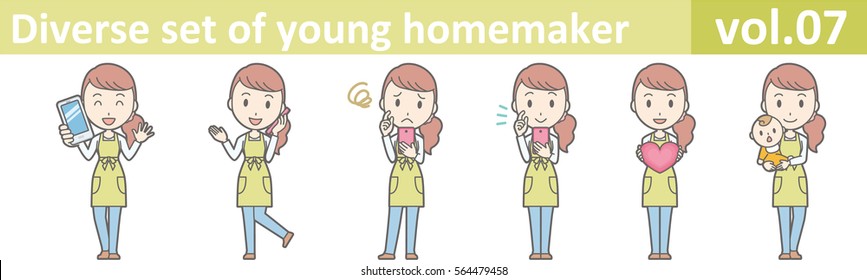 Diverse set of young homemaker, EPS10 vector format vol.07 (A young housewife wearing a green apron and jeans)